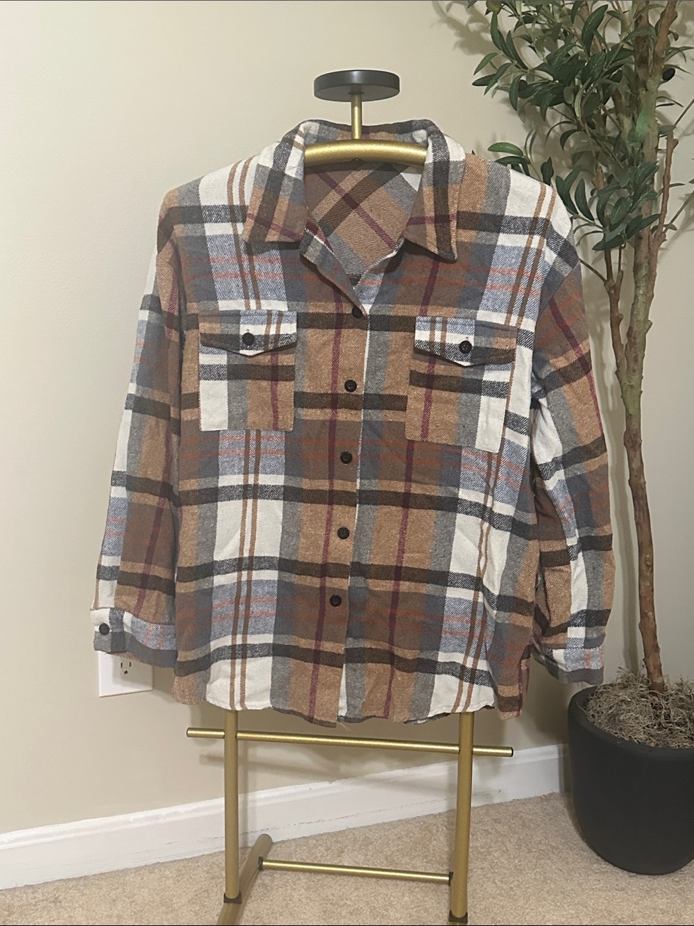 Plaid Utility Shacket Jacket - Brown Multi